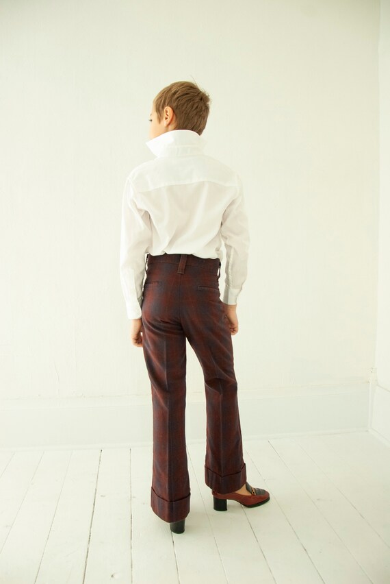 Vintage 1970s maroon plaid bellbottoms, navy blue