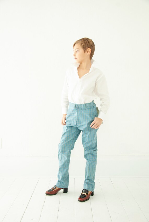 orange and blue plaid pants