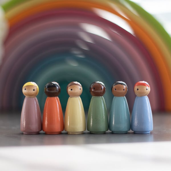 Peg dolls, Set of 6 Neutral Pastel Rainbow 2” height Peg Doll Girls. Inclusive and diverse wooden dolls. (short height)