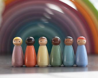 Peg dolls, Set of 6 Neutral Pastel Rainbow 2” height Peg Doll Girls. Inclusive and diverse wooden dolls. (short height)