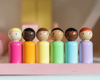 Peg dolls, Set of 6 Bright Pastel Rainbow 2 3/8” height Peg Doll Boys. Inclusive and diverse wooden dolls. (short height)