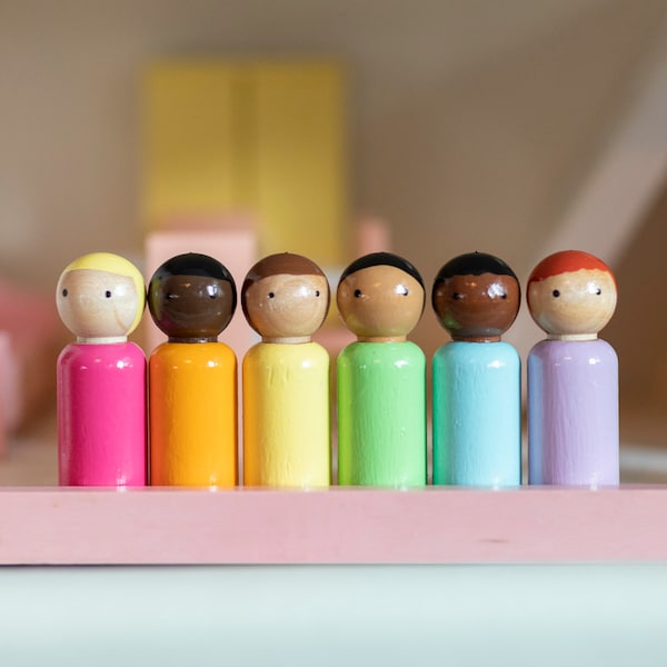 Peg dolls, Set of 6 Bright Pastel Rainbow 2 3/8” height Peg Doll Boys. Inclusive and diverse wooden dolls. (short height)
