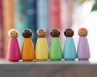 Peg dolls, Set of 6 Bright Pastel Rainbow 2” height Peg Doll Girls. Inclusive and diverse wooden dolls. (short height)