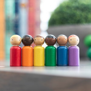 Peg dolls, Set of 6 Classic Rainbow 2 3/8” height Peg Doll Boys. Inclusive and diverse wooden dolls. (short height)
