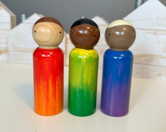 Peg dolls, Set of 3 (tall) Rainbow 3 9/16” tall Peg Doll Boys. Inclusive and diverse wooden dolls.