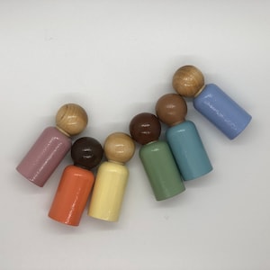 Peg dolls, no face or hair. Set of 6 Neutral Pastel Rainbow 2 3/8” height Peg Dolls. Straight down shape. non gender, wooden toys