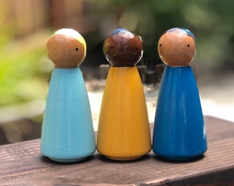Hand Painted Wooden Peg Dolls: Diverse Kids Toys, Tall Set of 3