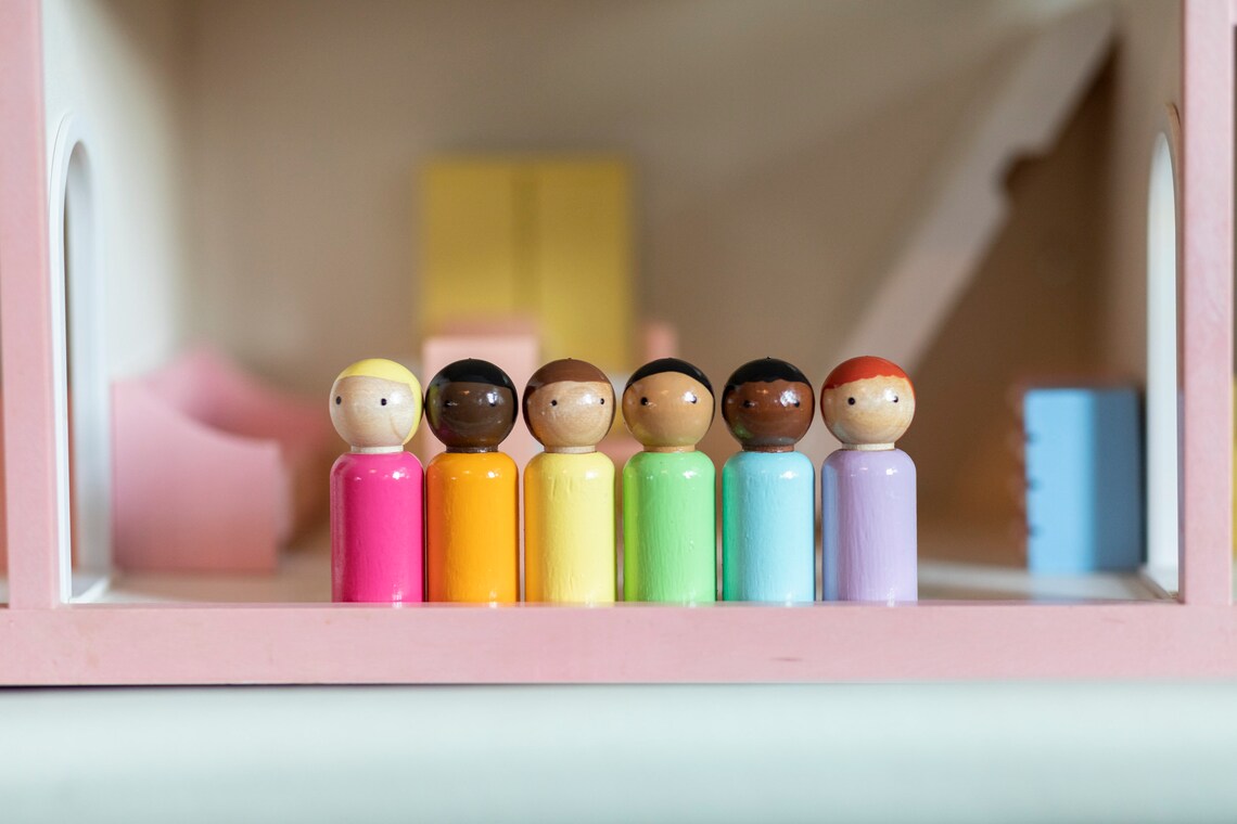 Peg dolls Set of 6 Bright Pastel Rainbow 2 3/8 height Peg image 1