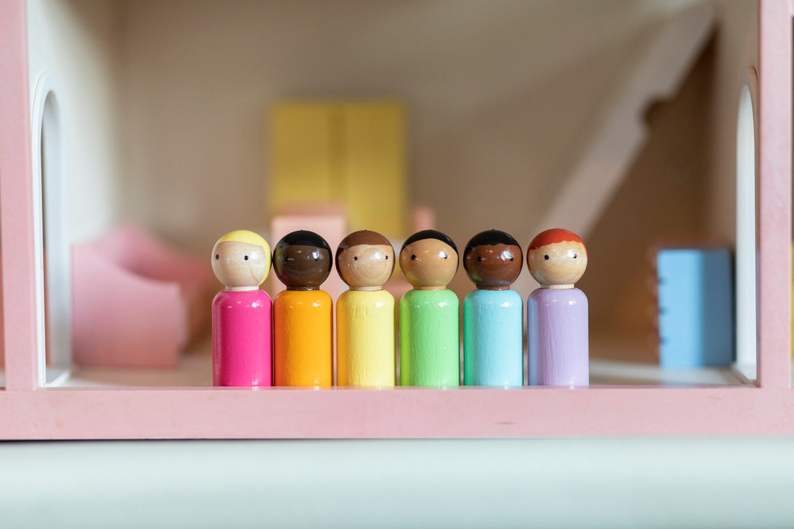 Peg dolls Set of 6 Bright Pastel Rainbow 2 3/8 height Peg image 1