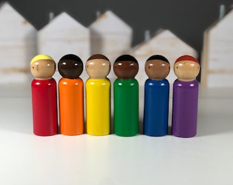 Peg dolls, Set of 6 (tall) Classic Rainbow 3 9/16” tall Peg Doll Boys. Inclusive and diverse wooden dolls.