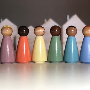 Peg dolls, Set of 6 (tall) Neutral Pastel Rainbow 3 1/2” tall Peg Doll Girls. Inclusive and diverse wooden dolls, wooden toys, Montessori