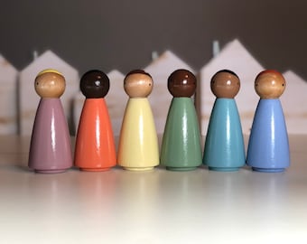 Peg dolls, Set of 6 (tall) Neutral Pastel Rainbow 3 1/2” tall Peg Doll Girls. Inclusive and diverse wooden dolls, wooden toys, Montessori