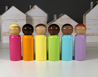 Peg dolls, Set of 6 (tall) Bright Pastel Rainbow 3 9/16" tall Peg Doll Boys. Inclusive and diverse wooden dolls.