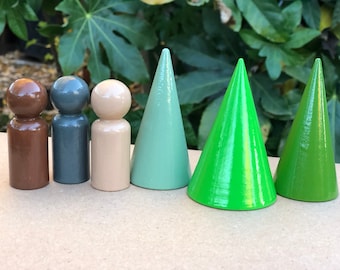 Woodland Peg Doll Set: Hand Painted Wood Tree and Animal Toys
