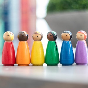 Peg dolls, Set of 6 Classic Rainbow 2” height Peg Doll Girls. Inclusive and diverse wooden dolls, wooden toys (short height)