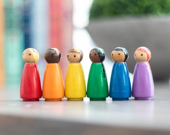 Peg dolls, Set of 6 Classic Rainbow 2” height Peg Doll Girls. Inclusive and diverse wooden dolls, wooden toys (short height)