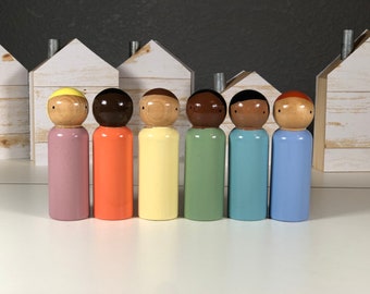 Peg dolls, Set of 6 (tall) Neutral Pastel Rainbow 3 9/16' tall, Peg Doll Boys. Inclusive and diverse wooden dolls.