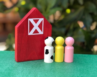 Wooden Barn and Animal Wood Set of 4. Peg Dolls size 2 3/8"