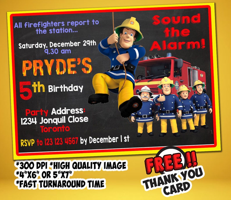 Fireman Sam Invitation Fireman Sam Digital Invitation For Etsy
