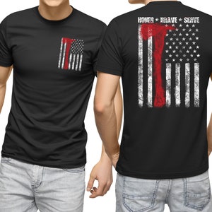 May include: Black t-shirt with a red axe graphic on a distressed American flag design. The back of the shirt reads "Honor Brave Serve".