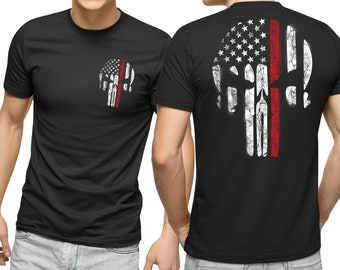 Firefighter Skull Shirt, Thin Red Line, USA, Tattered Skull Shirt, American Flag Skull, Fire Department, Firefighter Apparel
