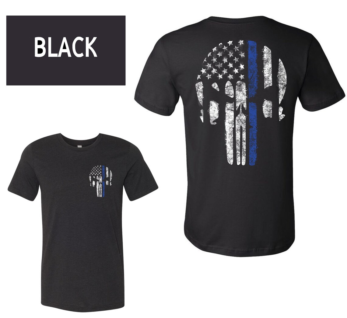Police Shirt, Thin Blue Line, Tattered Skull Shirt, American Flag Skull, USA Blue Line Flag, Law