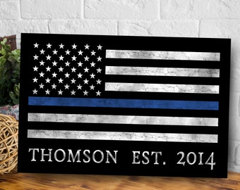 Letrero personalizado de oficial de policía, letrero de línea azul delgada personalizada, lienzo de policía, regalo de policía, arte de pared de policía, bandera de policía, familia de policía