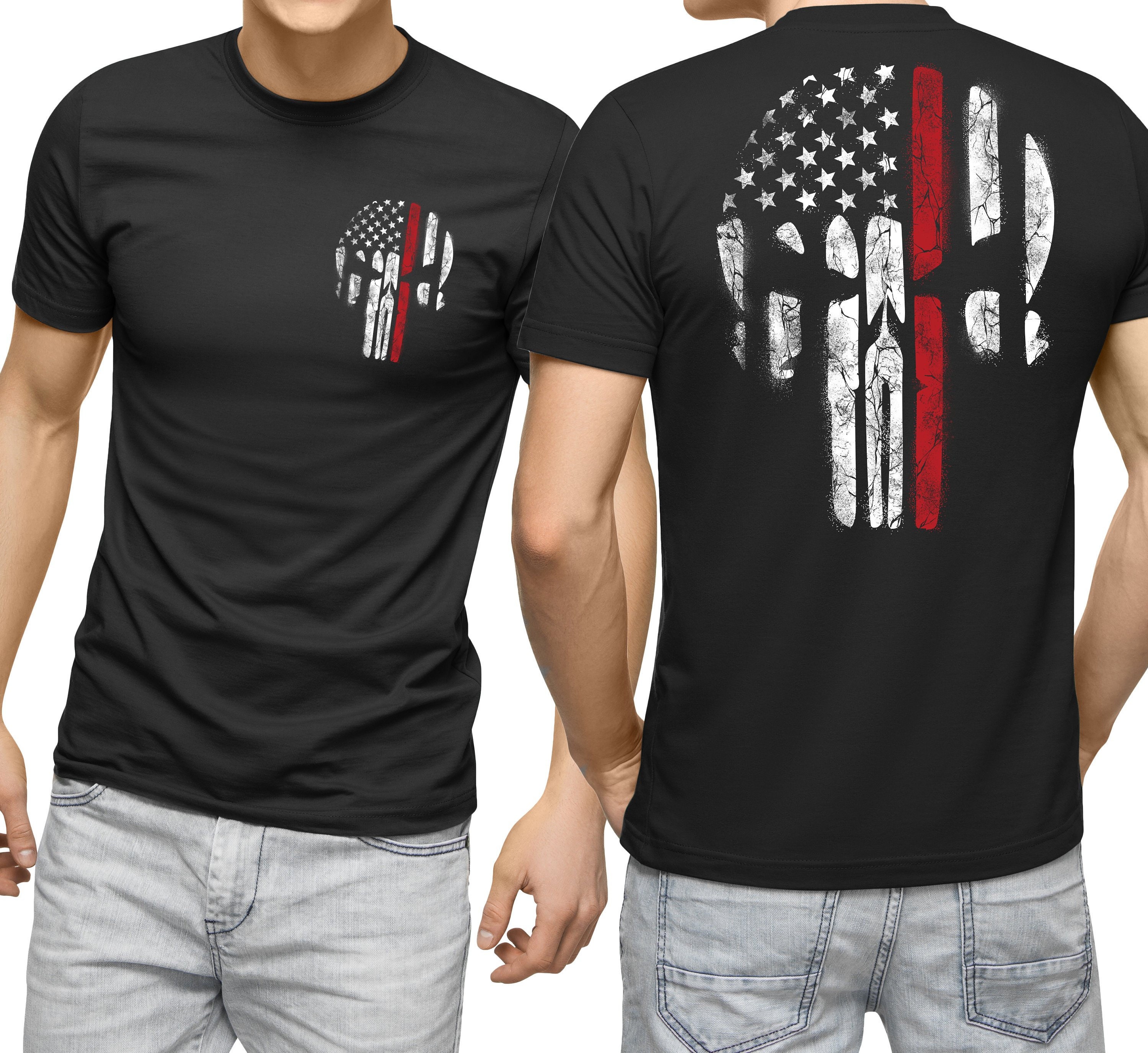 Firefighter Skull Shirt Thin Red Line USA Tattered Skull - Etsy