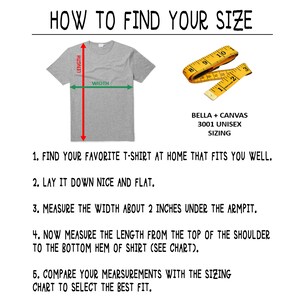 May include: Diagram showing how to measure the length and width of a t-shirt using a measuring tape. The text reads "How to Find Your Size", "Bella + Canvas 3001 Unisex Sizing", "Find your favorite t-shirt at home that fits you well.", "Lay it down nice and flat.", "Measure the width about 2 inches under the armpit.", "Now measure the length from the top of the shoulder to the bottom hem of shirt (see chart).", "Compare your measurements with the sizing chart to select the best fit."
