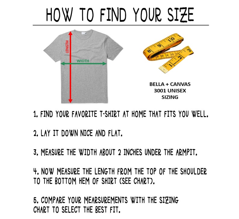 May include: Diagram showing how to measure the length and width of a t-shirt using a measuring tape. The text reads "How to Find Your Size", "Bella + Canvas 3001 Unisex Sizing", "Find your favorite t-shirt at home that fits you well.", "Lay it down nice and flat.", "Measure the width about 2 inches under the armpit.", "Now measure the length from the top of the shoulder to the bottom hem of shirt (see chart).", "Compare your measurements with the sizing chart to select the best fit."