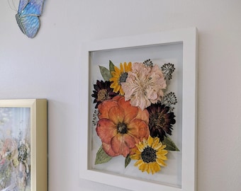 Real pressed flower artwork, 8x10 white floating frame with roses and sunflowers, herbarium, wall art, Mother's Day gift