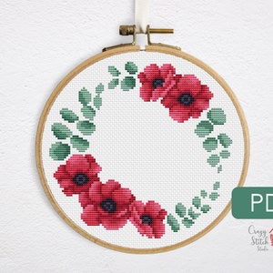 Poppies border cross stitch pattern PDF. Spring wedding wreath crossstitch. Small floral wreath xstitch. 40th wedding anniversary gift P0056