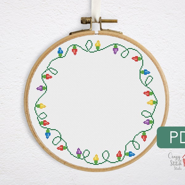 Christmas garland cross stitch border. Round festive crossstitch borderline pattern PDF. Simple New Year xstitch. Xmas Light wreath. P0021