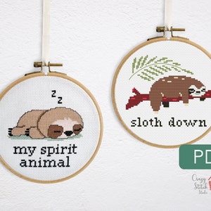 Set of 2 sloth cross stitch patterns PDF. Small funny crossstitch. Cute lazy animal xstitch. Simple snarky chart. My spirit animal. P0067