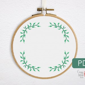 Eucalyptus leaves crossstitch pattern PDF. Small cross stitch border wreath pattern. Green botanical xstitch chart. Easy floral gift. P0003