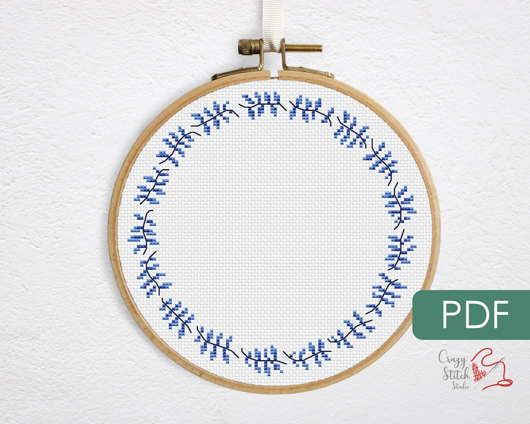 Blue Leaf Border Cross Stitch Pattern PDF. Small Round Floral