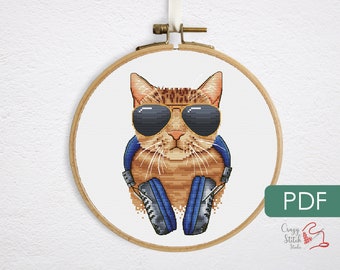 Cat cross stitch pattern PDF. Funny crossstitch chart for beginner. Cute music xstitch. Small pet cross-stitch gift. P0008