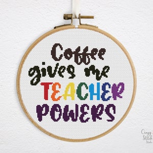 Teacher cross stitch pattern PDF. Simple coffee crossstitch. Cute back to school xstitch chart. Funny crossstitch quote. P0083