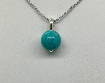 Blue Hubei Turquoise Bead Pendant 11.6mm Sterling silver