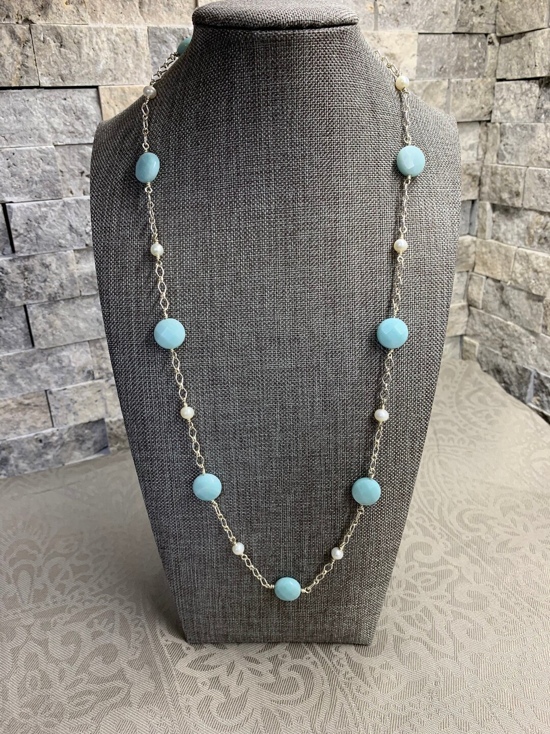 Amazonite and Pearl Station Necklace - Etsy
