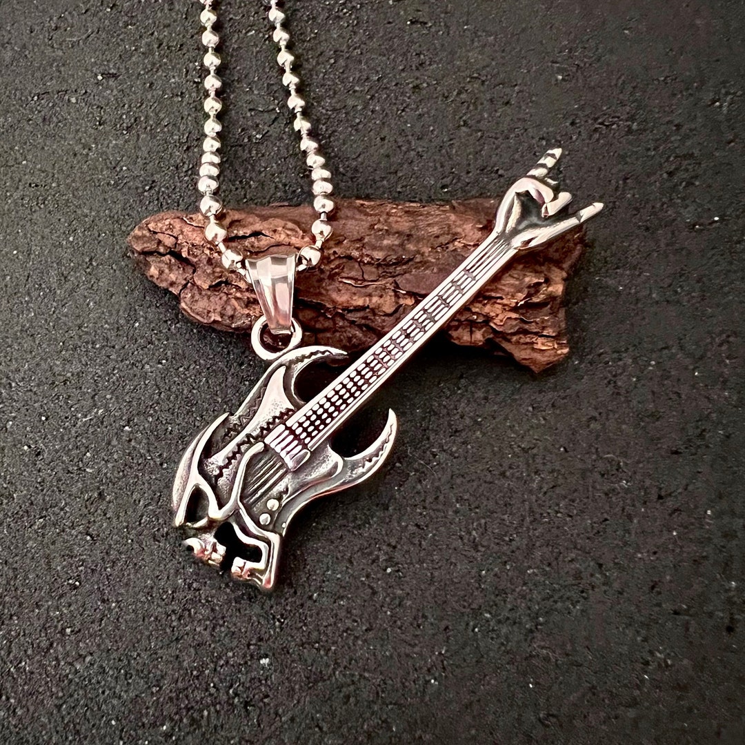 Punk Skull Bass Guitar Pendant Necklace, Rocker Jewelry, Bass Guitar ...