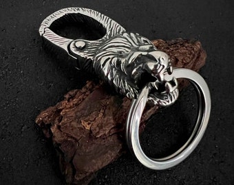 Stainless Steel Unisex Keychain,  Keychain For Men, Carabiner Keychain, Men Accessories for Key, Metal Lion Head Keychain, Fathers Day Gift
