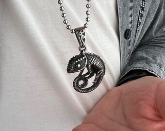 INFINIONLY Collane Ciondolo Camaleonte in Acciaio Inossidabile da Uomo Ciondolo a Forma di Lucertola Vintage Collana Creativa Adolescenti Accessori di Tendenza