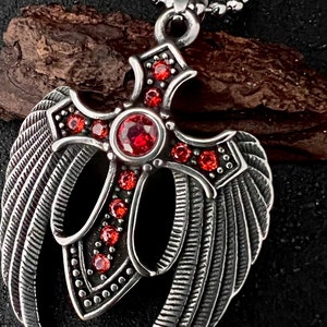 Elegant Cross Adorned Red Crystal, Cross Pendant with Wings, Women&#39;s Cross Chain, Stainless Steel Cross Pendant, Rock Style Unisex Pendant