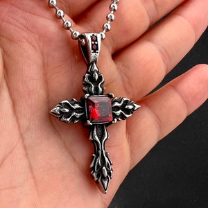 Necklace with Large cross Pendant and Red Crystal, Christian Cross Necklace With Red Crystal Detailing, Unisex Crucifix, Cross Necklace