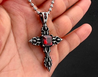 Necklace with Large cross Pendant and Red Crystal, Christian Cross Necklace With Red Crystal Detailing, Unisex Crucifix, Cross Necklace