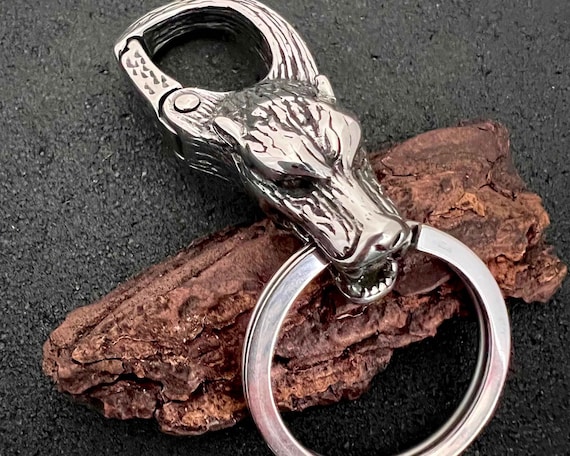 Stainless Steel Keychain With Wolf Head, Mens Metal Keychain, Steel Keychain For Men, Viking Keychain, Carabiner Keychain, Gothic Keychain
