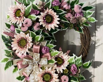 Pink Sunflower Wreath for Front Door, Farmhouse Floral Wreath, Spring Summer Door Decor, Blush Pink Wreath, Romantic Home Decor, Gift Ready