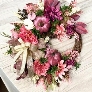 Fall Wreath with Pumpkins, Pink Autumn Front Door Decor, Thanksgiving Wreath, Year Round Floral Wreath, Elegant Seasonal Decor