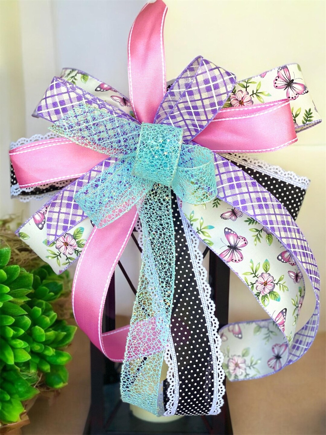 Butterfly Garden Wreath Bow, Pink and Purple Spring Bow, Floral and ...
